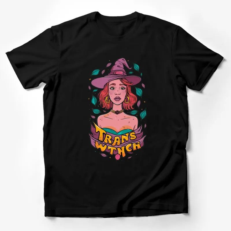 Trans Witch Graphic T-Shirt, Feminine Witch with Hat, Colorful Magical LGBTQ+ Pride Tee, Artistic Design Male T-Shirt