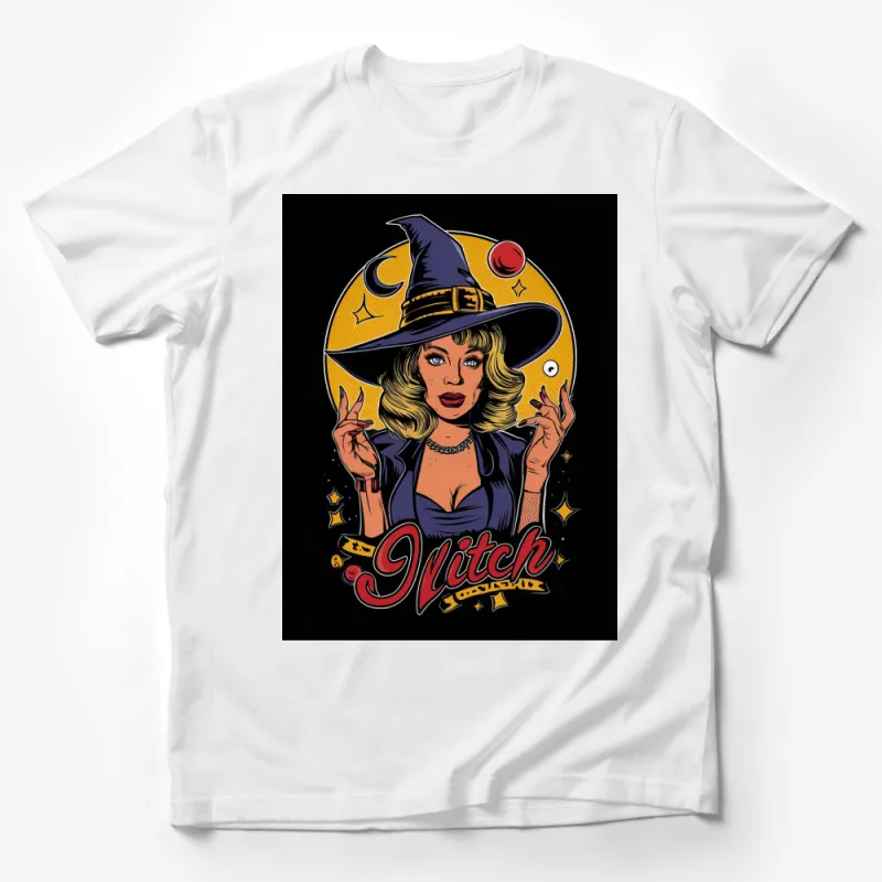 Witch Art Halloween T-Shirt, Vintage Witch Style, Mystical Magical Witch Tee, Full Moon, Stars Male T-Shirt