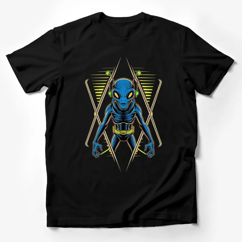 Alien Warrior Graphic T-Shirt, Sci-Fi Blue Creature Design, Unique Extraterrestrial Clothing Male T-Shirt