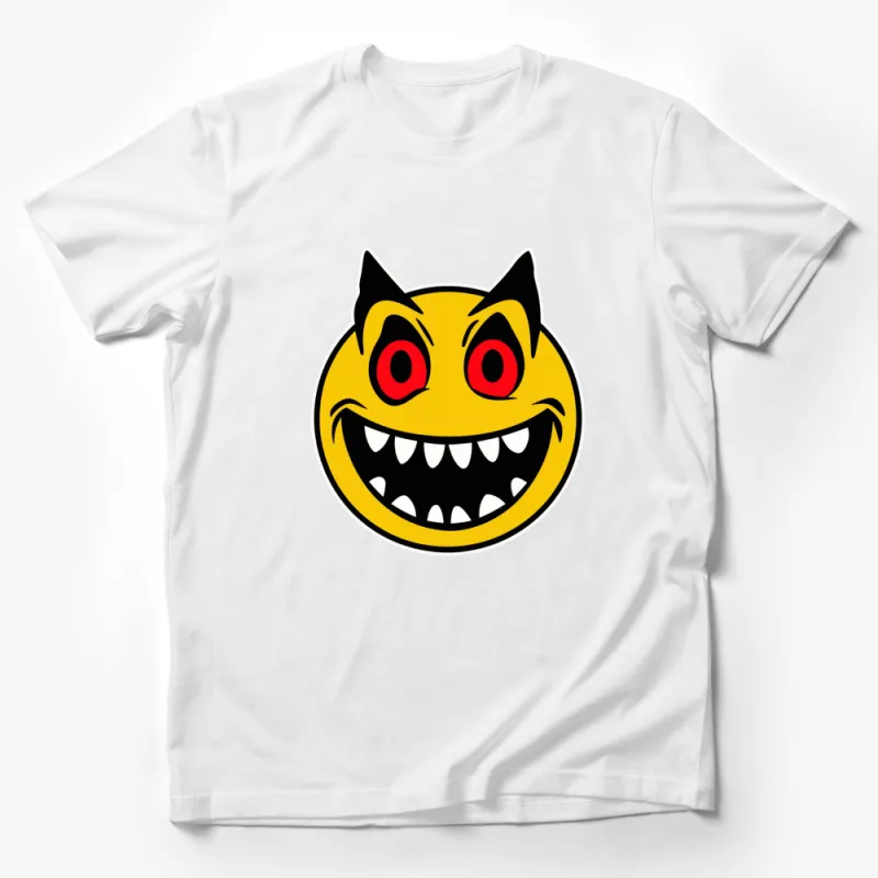 Men's Unique Yellow Smiley Face T-Shirt, Edgy Red Eyes, Grinning Evil Graphic Tee, Casual Streetwear Male T-Shirt