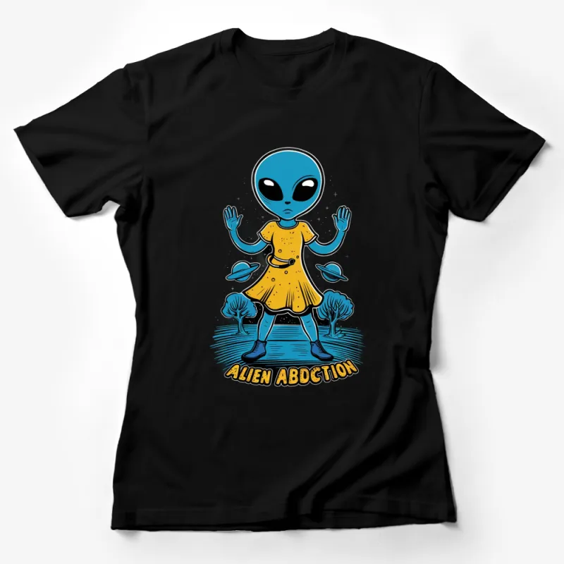 Alien Abduction Graphic T-Shirt, Blue Alien in Yellow Dress, UFOs and Trees Design Tee, Novelty Outer Space Clothing Female T-Shirt