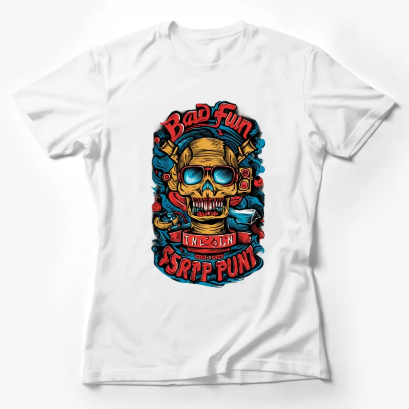 Vintage Skull T-Shirt, Bad Fun Graphic Tee, Retro Style Bold Colors, Unisex Casual Wear Female T-Shirt