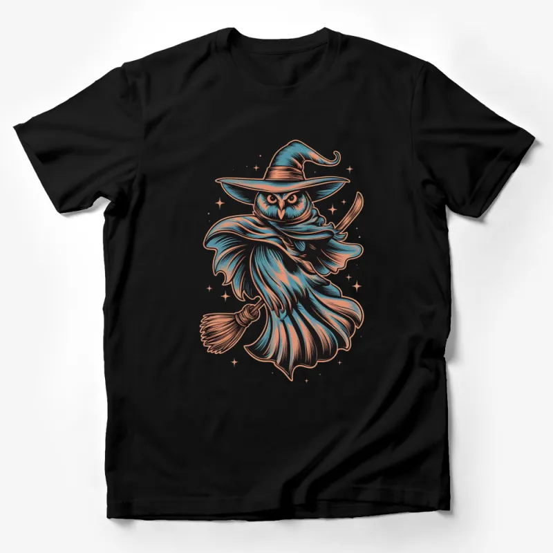 Mystical Owl Witch Graphic T-Shirt, Vintage Halloween Owl in Hat, Unique Fantasy Tee Male T-Shirt