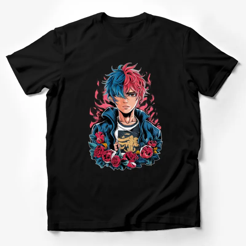 Anime Inspired T-Shirt, Stylish Blue and Red Hair Character, Floral Design, Unisex Apparel Male T-Shirt