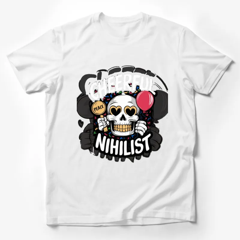 Cheerful Nihilist Skull Graphic T-Shirt, Funny Hipster Tee, Unique Balloon and Peace Design Male T-Shirt