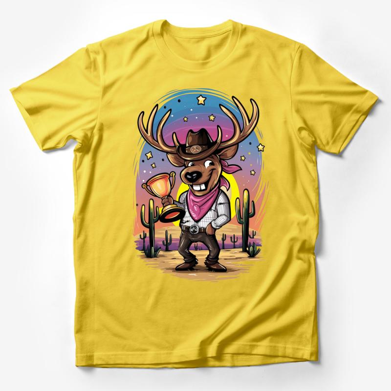 Western Moose Champion T-Shirt, Cowboy Hat, Desert Cactus, Starry Night Graphic Tee, Animal Cartoon Shirt Male T-Shirt