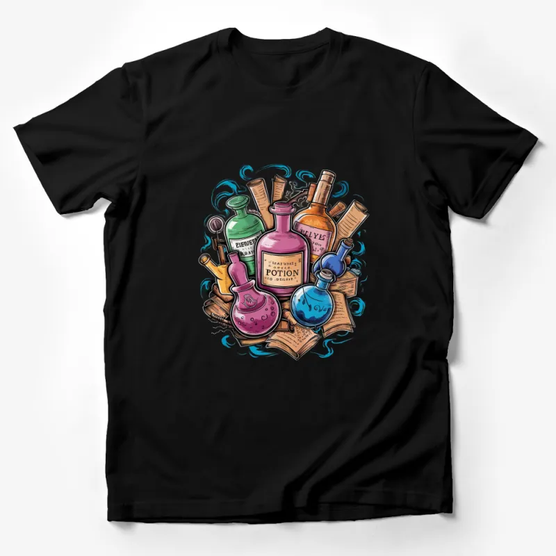 Magic Potion Bottles Graphic T-Shirt, Colorful Alchemist Elixirs, Fantasy Art Tee, Unique Gift Idea Male T-Shirt