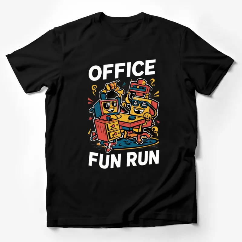 Office Fun Run Cartoon T-Shirt, Colorful Graphic Tee, Cool Robot Design, Unique Office Apparel, Casual Wear Male T-Shirt