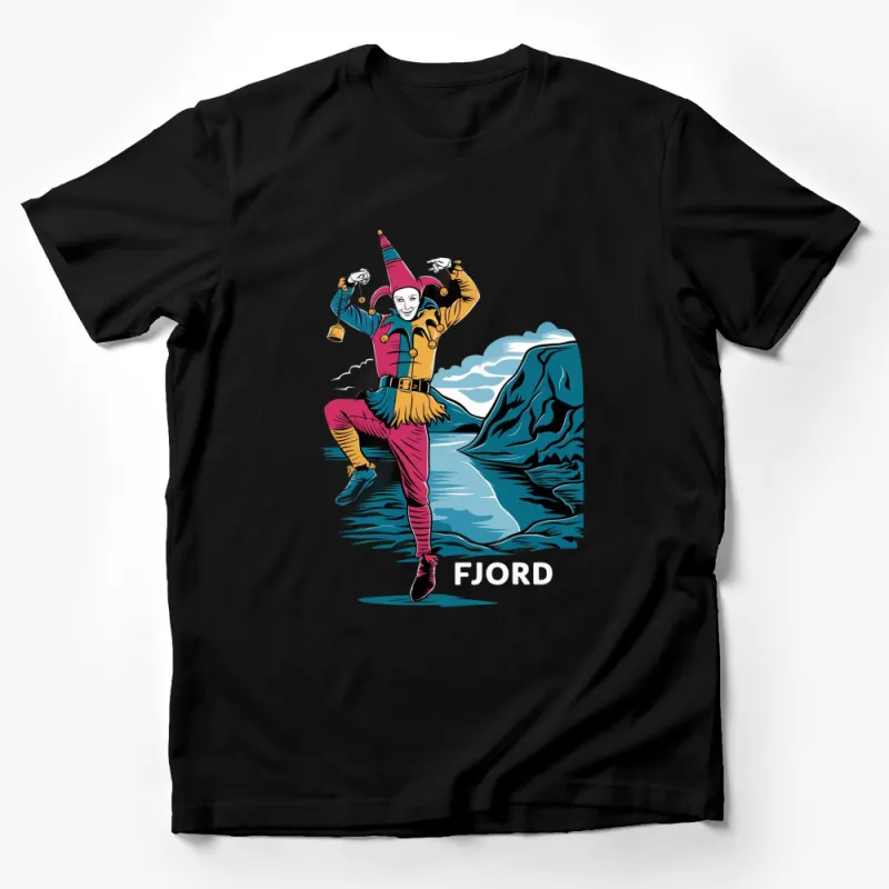 Whimsical Jester Art T-Shirt, Colorful Court Jester by FJORD Design, Unique Graphic Tee, Novelty Shirt for All Ages Male T-Shirt