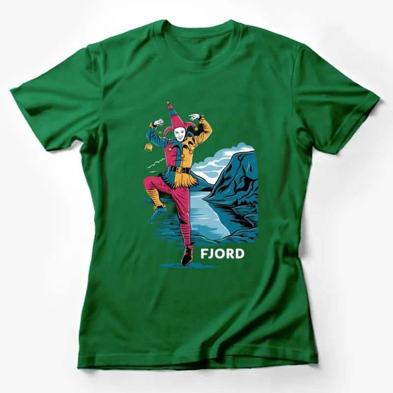 Whimsical Jester Art T-Shirt, Colorful Court Jester by FJORD Design, Unique Graphic Tee, Novelty Shirt for All Ages Female T-Shirt