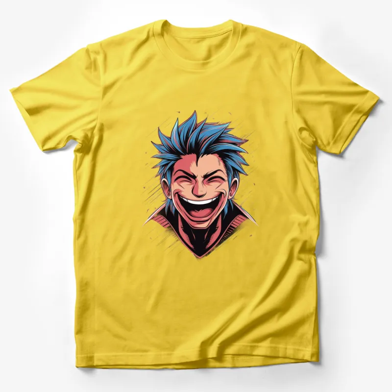 Anime Inspired Blue-Haired Smiling Character T-Shirt, Vibrant Colorful Unique Design Tee Male T-Shirt