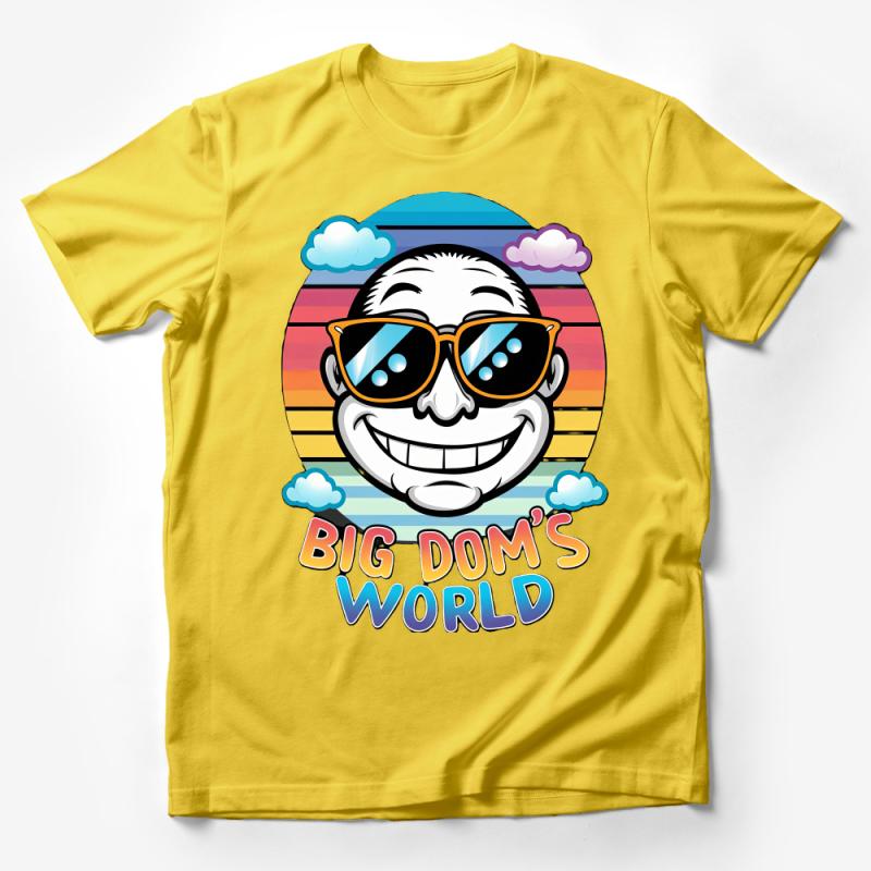 Retro Smiling Face T-Shirt, Big Dom's World, Colorful Vintage Tee, Unisex Graphic Shirt, Summer Fashion, Cool Sunglasses Design Top Male T-Shirt