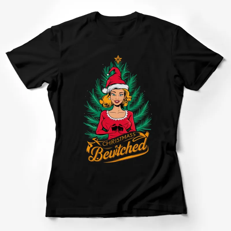 Bewitched Christmas Pin-Up Girl T-Shirt, Vintage Style Holiday Tee, Festive Retro Fashion Top, Unique Xmas Gift Female T-Shirt