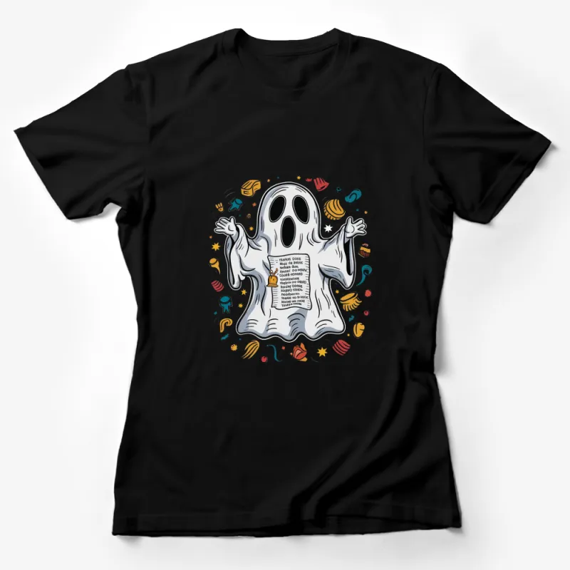 Spooky Ghost Cartoon T-Shirt, Cute Halloween Apparel, Fun Autumn Wear Female T-Shirt