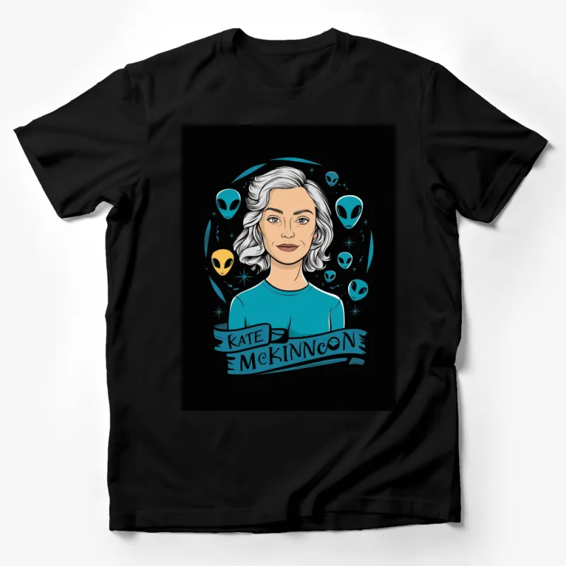 Kate McKinnon Alien Theme Graphic T-Shirt, Blue Tee with Cartoon Portrait, Unisex T-Shirt Male T-Shirt