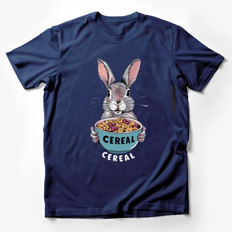 Cute Rabbit with Cereal Bowl Graphic T-Shirt, Unisex Cartoon Animal Tee, Fun Breakfast Shirt Design Male T-Shirt