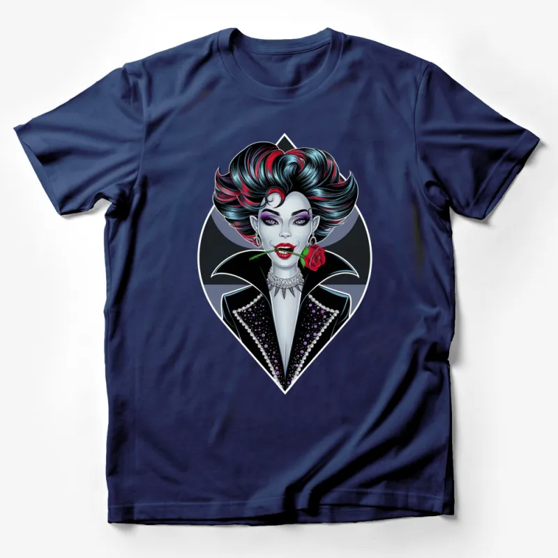 Gothic Vampire Lady T-Shirt, Stylish Dark Fantasy Femme Fatale, Elegant Rose and Glam Hair Design Top Male T-Shirt