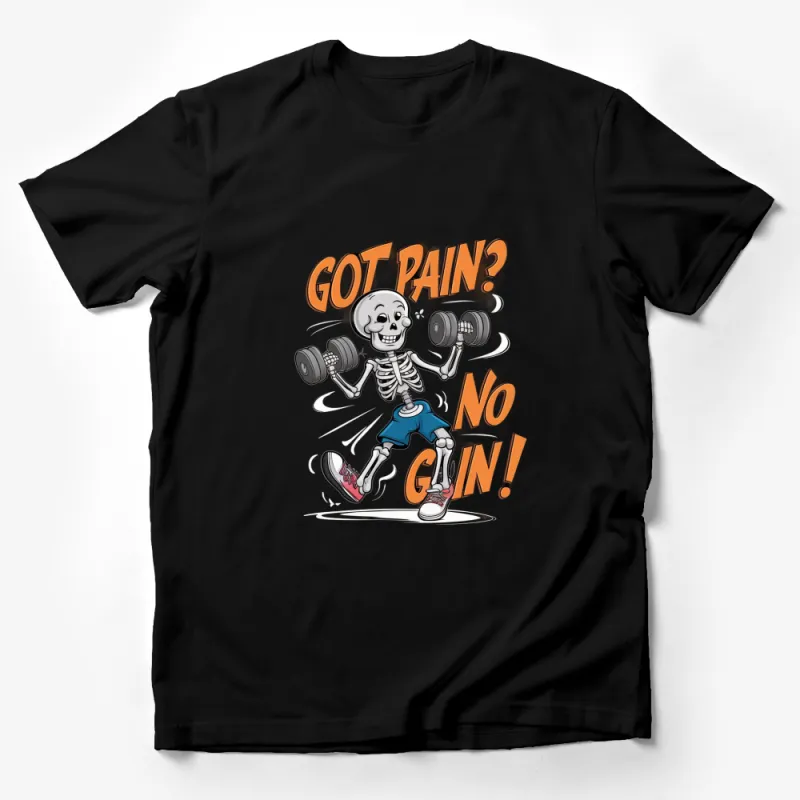 Funny Skeleton Gym T-Shirt, Got Pain? No Gain! Weightlifting Graphic Tee, Fitness Humor Apparel Male T-Shirt