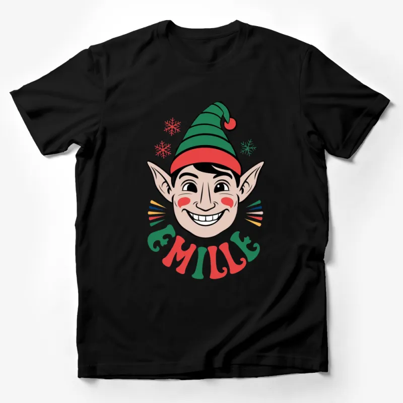 Festive Elf Smiling Christmas Holiday T-Shirt, Green and Red - Snowflakes Design, Unisex and Youth Sizes Available Male T-Shirt