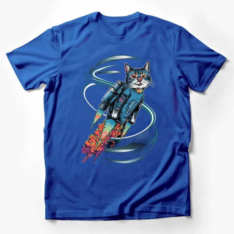 Cat Astronaut T-Shirt, Cosmic Space Kitty Tee, Colorful Rocket Blast-Off, Unisex Graphic Shirt Male T-Shirt