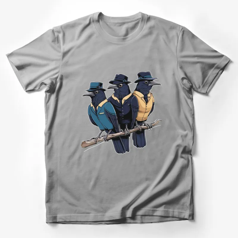 Stylish Ravens in Hats and Suits T-Shirt, Unique Bird Illustration Tee, Fashionable Wildlife Art Clothing Male T-Shirt