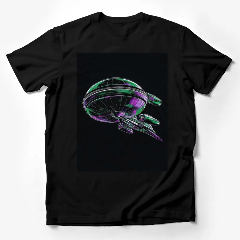 Neon Green and Purple Spaceship T-Shirt, Sci-Fi Fan Art, Futuristic Alien Ship Design, Unisex Graphic Tee Male T-Shirt