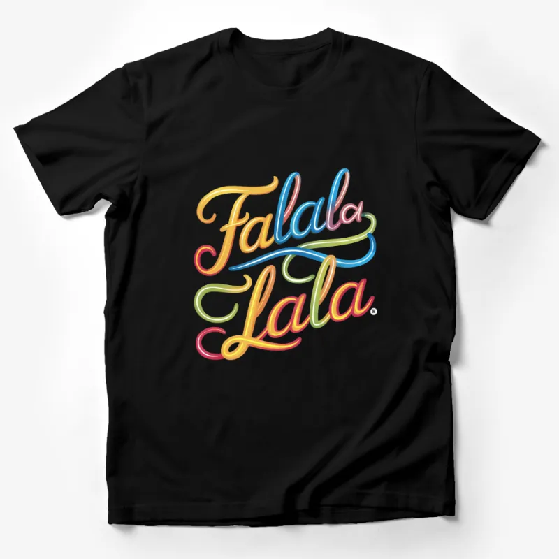 Colorful Falala Lala Christmas T-Shirt, Holiday Festive Tee, Rainbow Script Graphic, Unisex Male T-Shirt