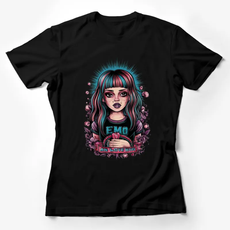 Emo Girl T-Shirt, Blue Hair Emo Fashion, Love Heart Graphic Tee, Trendy Urban Streetwear, Unique Illustration Design Female T-Shirt