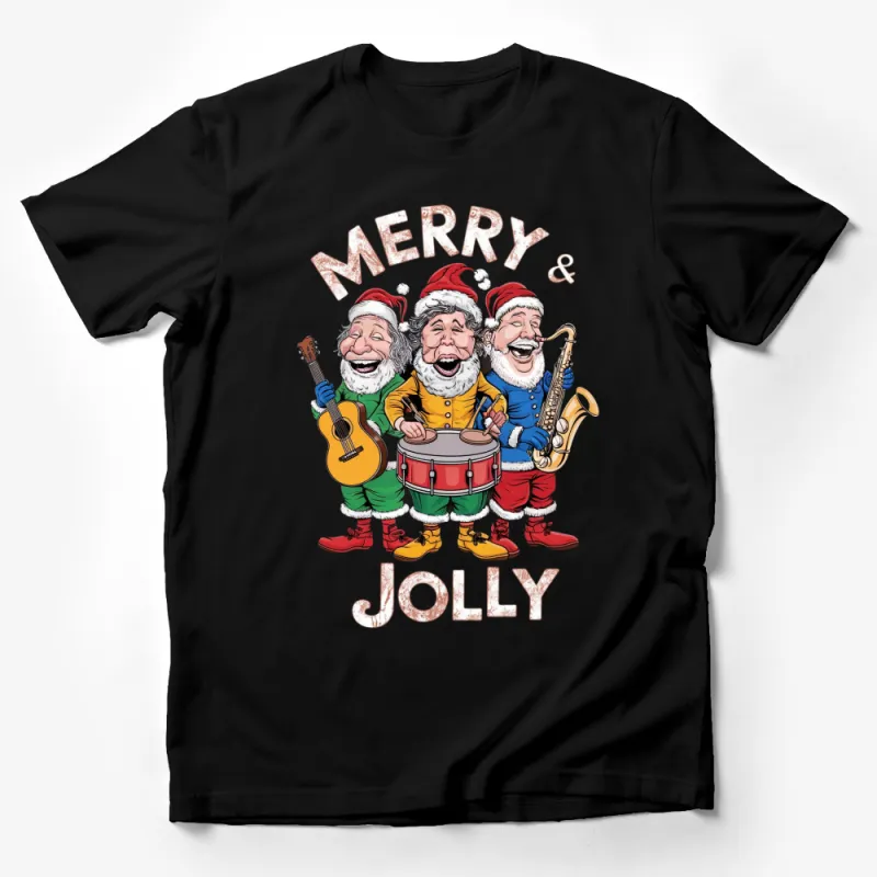 Merry and Jolly Christmas T-Shirt, Santa Musicians Graphic Tee, Festive Holiday Apparel, Unisex Xmas Shirt Male T-Shirt