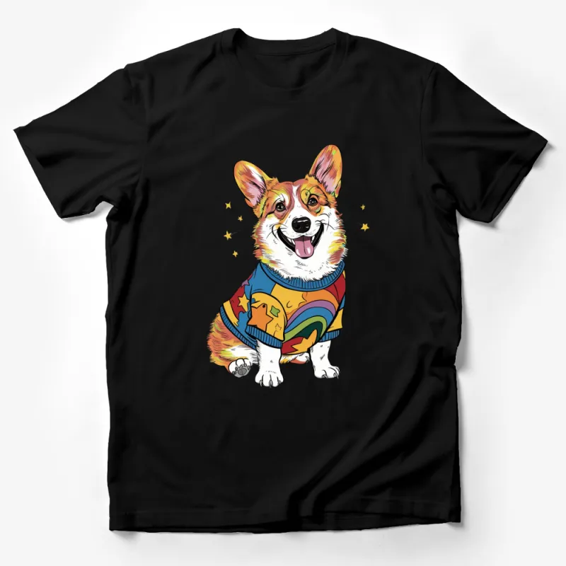 Colorful Corgi T-Shirt, Cartoon Dog in Sweater, Cute Puppy Tee, Quirky Animal Shirt, Fun Dog Lover Gift, Starry Background Male T-Shirt