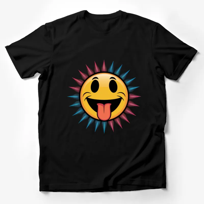 Colorful Smiley Face T-Shirt, Punk Style Sunburst Tee, Funky Emoticon Shirt with Tongue Out, Unisex Male T-Shirt