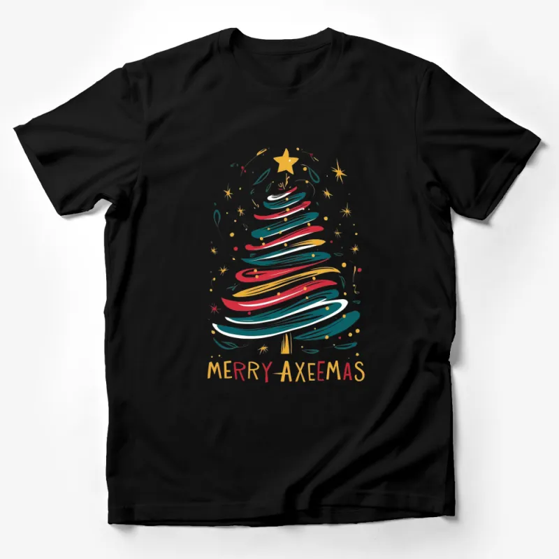 Merry Axemas T-Shirt, Colorful Christmas Tree Graphic, Funny Holiday Tee, Festive Winter Apparel Male T-Shirt