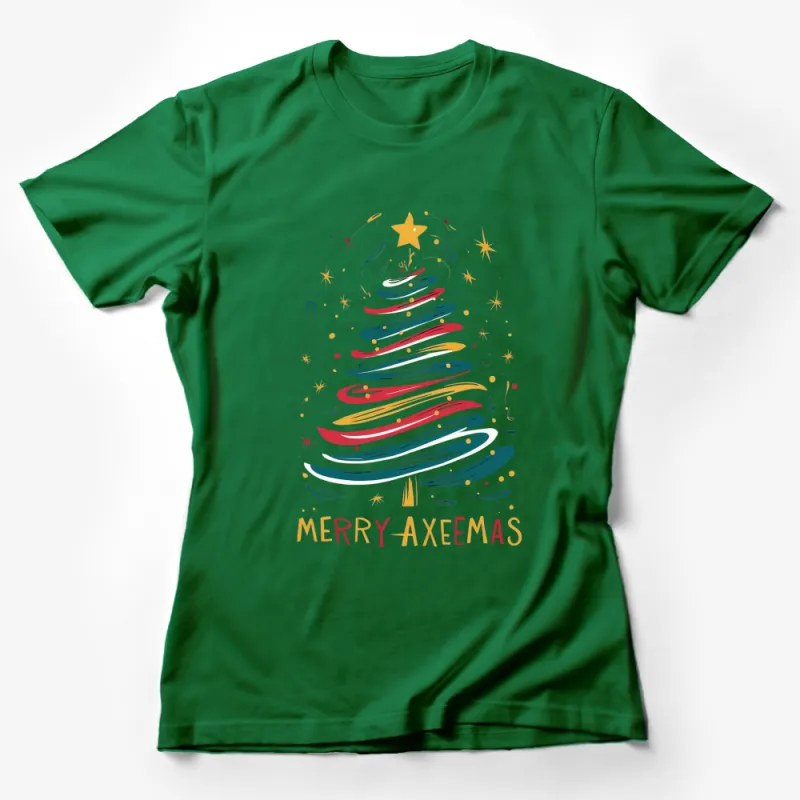 Merry Axemas T-Shirt, Colorful Christmas Tree Graphic, Funny Holiday Tee, Festive Winter Apparel Female T-Shirt