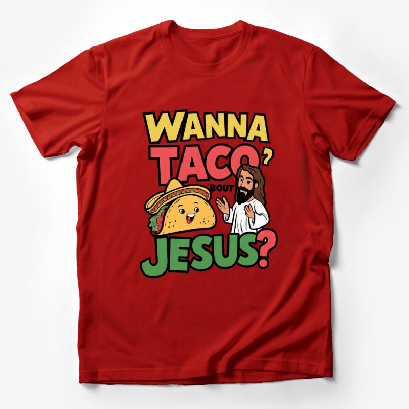 Funny Jesus Taco T-Shirt, Christian Humor Shirt, Religious Foodie Tee, Wanna Taco Bout Jesus? Male T-Shirt