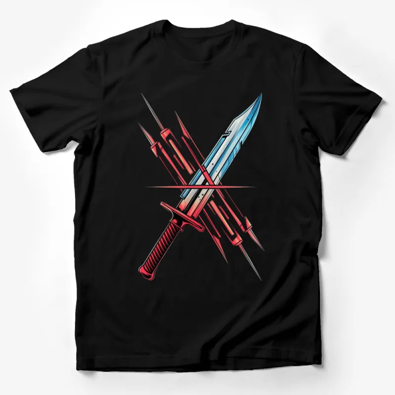 Men's Graphic T-Shirt with Futuristic Sword Design, Striking Blue and Red Male T-Shirt