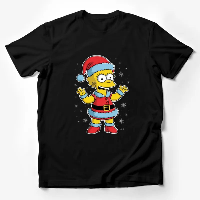 Festive Holiday T-Shirt with Cartoon Character in Red Santa Suit, Snowflakes Background Male T-Shirt