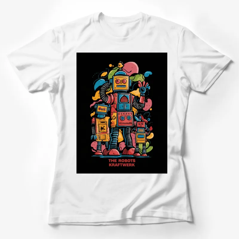 Colorful Robot Family Graphic T-Shirt, Funky Sci-Fi Robots Print Tee for All Ages Female T-Shirt