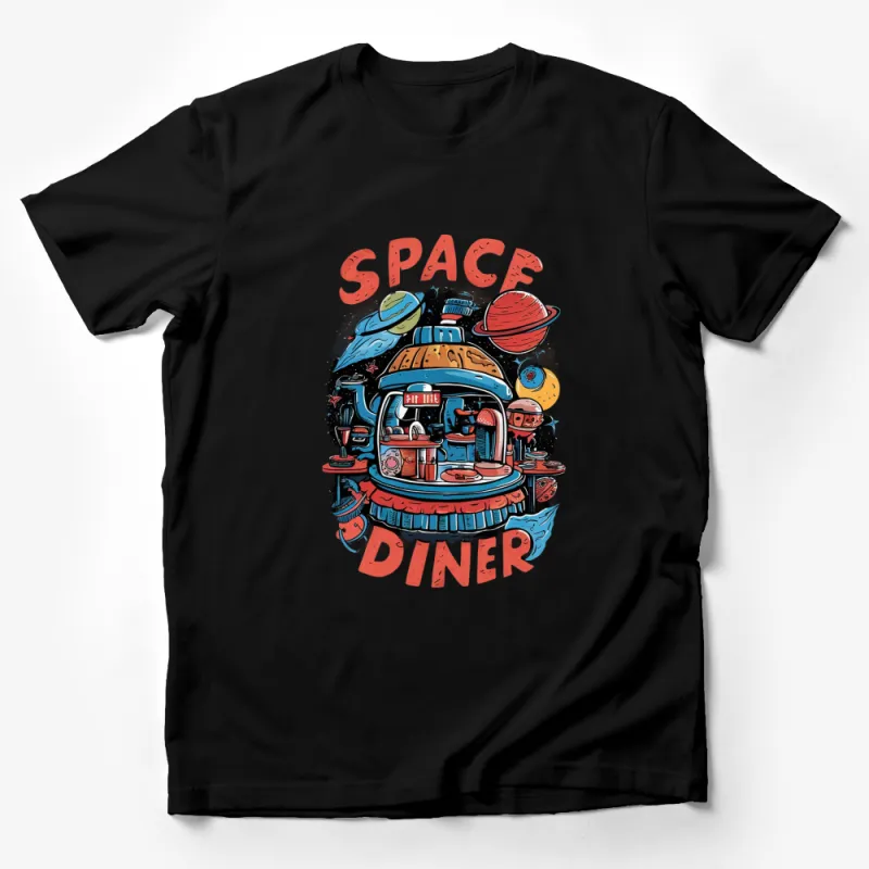 Retro Space Diner Graphic T-Shirt, Vintage Sci-Fi Theme with Planets, Cool Astronaut Shirt Male T-Shirt