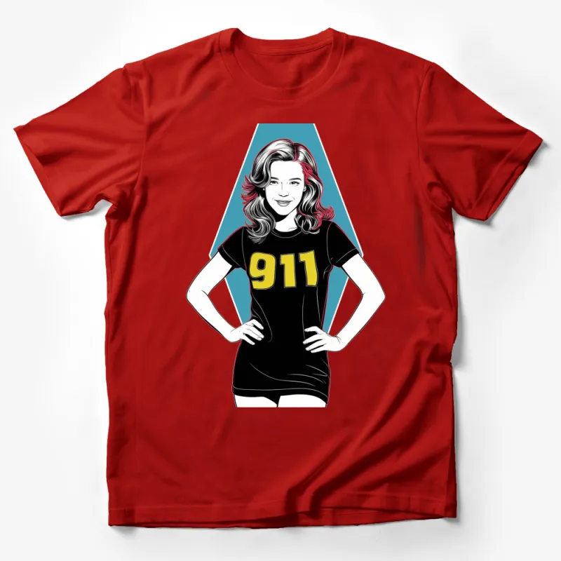 Retro Pop Art Style Woman in 911 T-Shirt, Vintage Inspired Fashion Tee Male T-Shirt