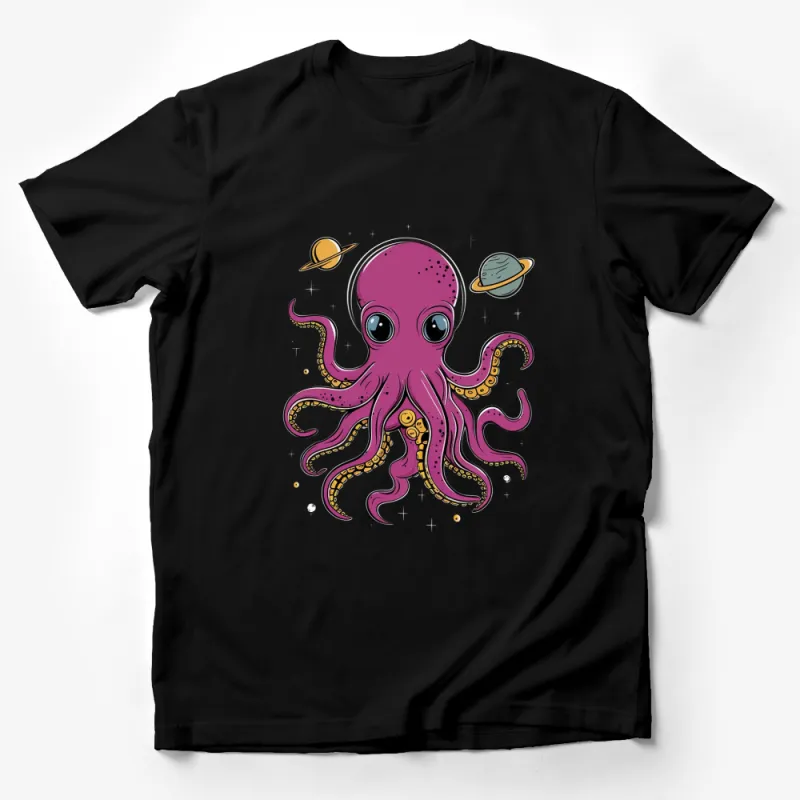 Whimsical Pink Octopus and Planets T-Shirt, Space-Themed Graphic Tee, Unisex Casual Wear Male T-Shirt