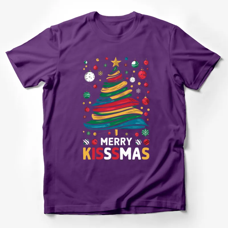 Colorful Christmas Tree Art T-Shirt, Merry Kissmas Holiday Tee, Festive Winter Apparel Male T-Shirt