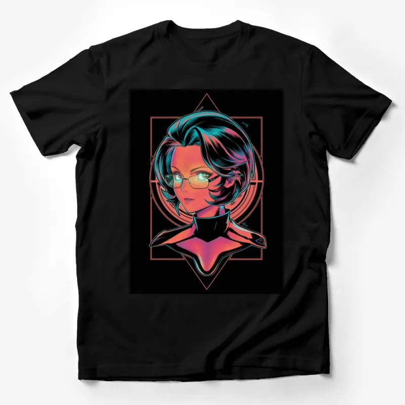 Cyberpunk Girl T-Shirt, Neon Graphic Tee, Sci-Fi Anime Style Shirt, Futuristic Female Portrait Top, Geek Fashion, Trendy Neon Apparel Male T-Shirt