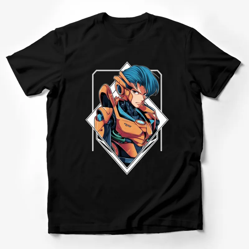 Anime Style Blue-Haired Hero Graphic Tee, Colorful Robot Warrior T-Shirt, Unique Manga Art Shirt Male T-Shirt