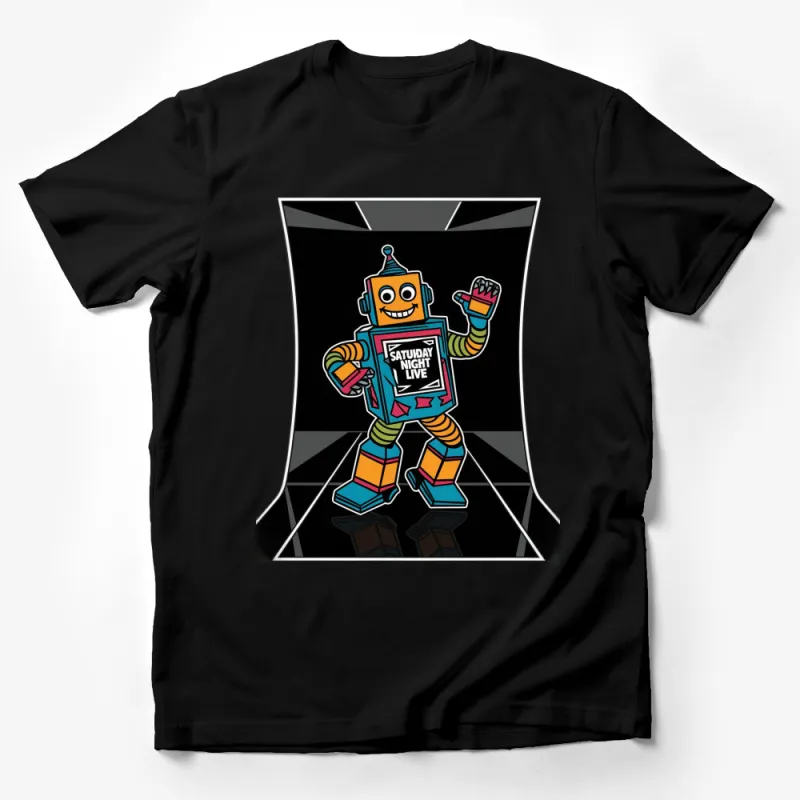 Retro Robot Graphic Tee, Saturday Night Live, Colorful Robot T-Shirt Design Male T-Shirt