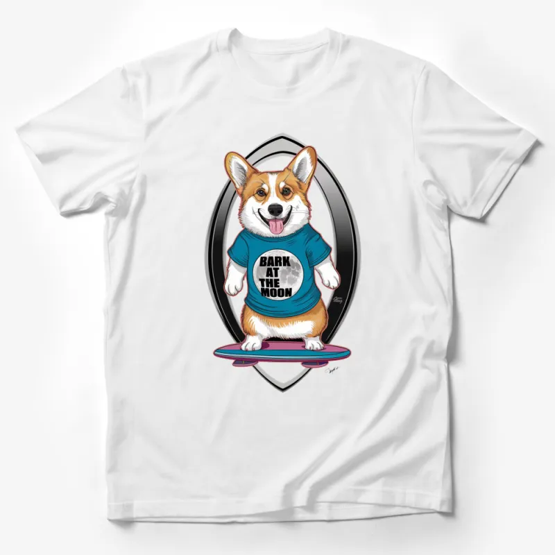 Corgi on Skateboard T-Shirt, Bark at the Moon Graphic Tee, Fun Dog Lover Gift, Colorful Design Male T-Shirt