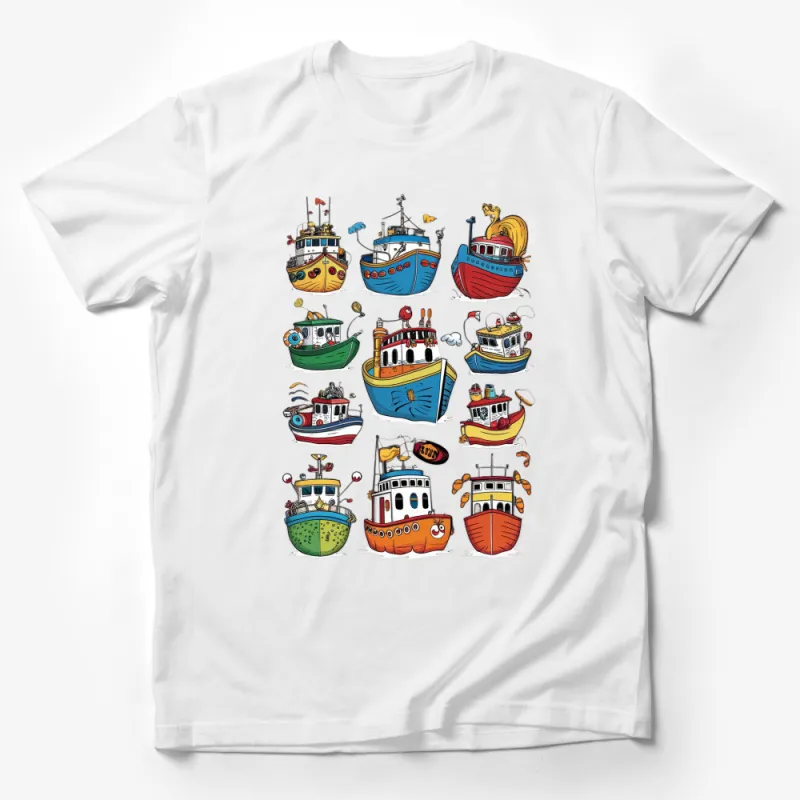 Colorful Boat Art T-Shirt, Nautical Graphic Tee, Cartoon Boat Print, Sailor Gift, Summer Fashion, Kids and Adult Sizes Male T-Shirt