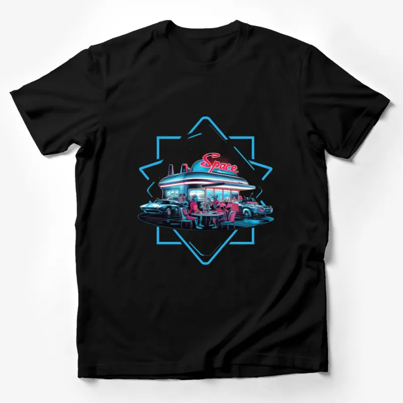 Retro Space Diner T-Shirt, Neon Sci-Fi Cafe Graphic Tee, Vintage Style Apparel for Men and Women Male T-Shirt