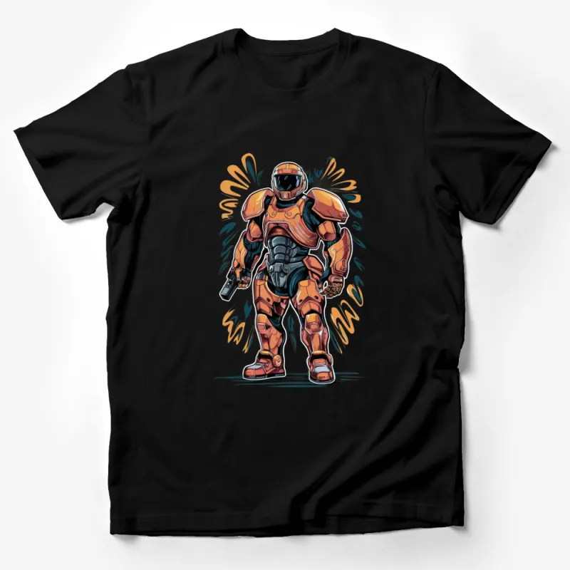 Futuristic Orange Armor Robot Warrior Graphic T-Shirt, Bold Sci-Fi Design Tee, Unisex Apparel Male T-Shirt