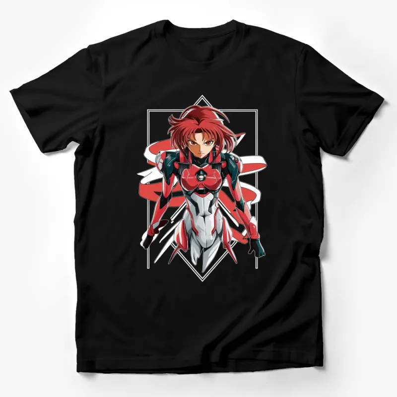 Anime Mech Warrior Red Hair T-Shirt, Unique Robot Design Graphic Tee, Urban Style, Fashionable Unisex Apparel Male T-Shirt