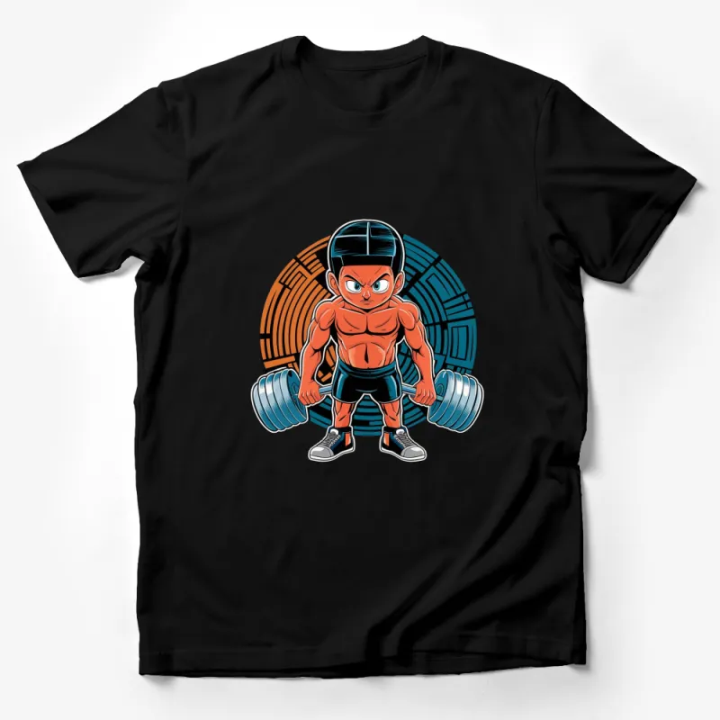 Cartoon Strong Boy Lifting Weights Graphic T-Shirt, Fitness Inspired Kids Tee, Funky Workout Apparel Male T-Shirt